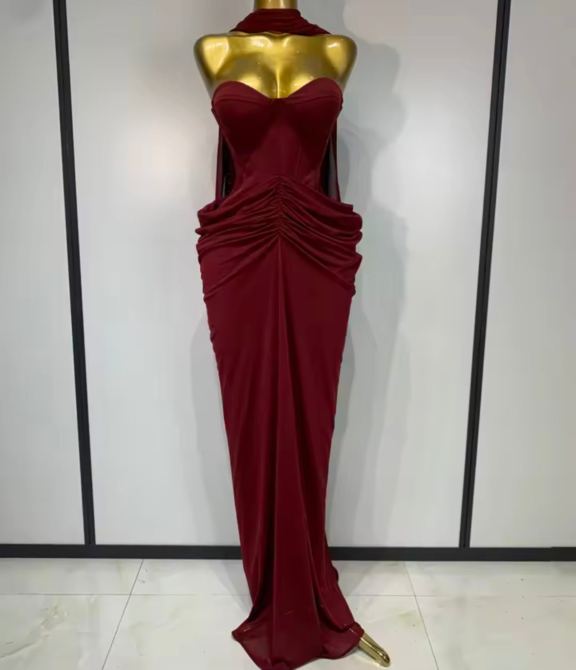 Sexy Scarf Strapless Ruched Maxi Dress