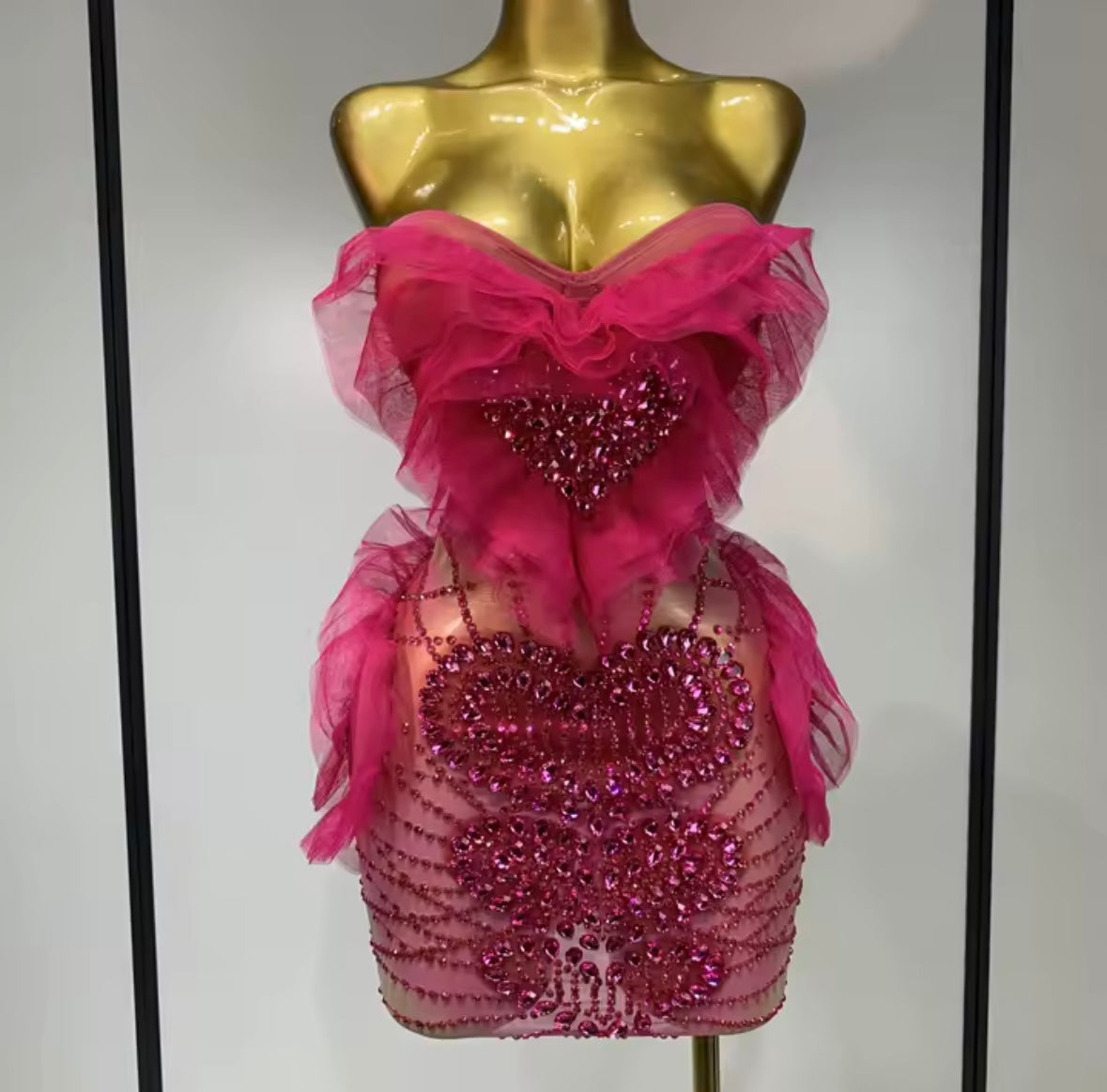 Sexy Pink Strapless Rhinestone Ruffle Short Dress