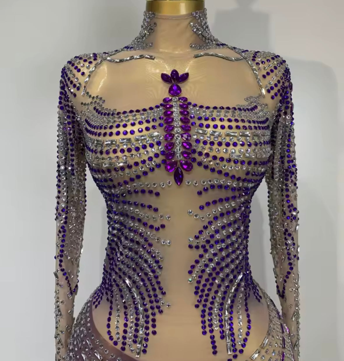 Sexy Color Rhinestone Full Sleeve Side Split Floor-Length Dress