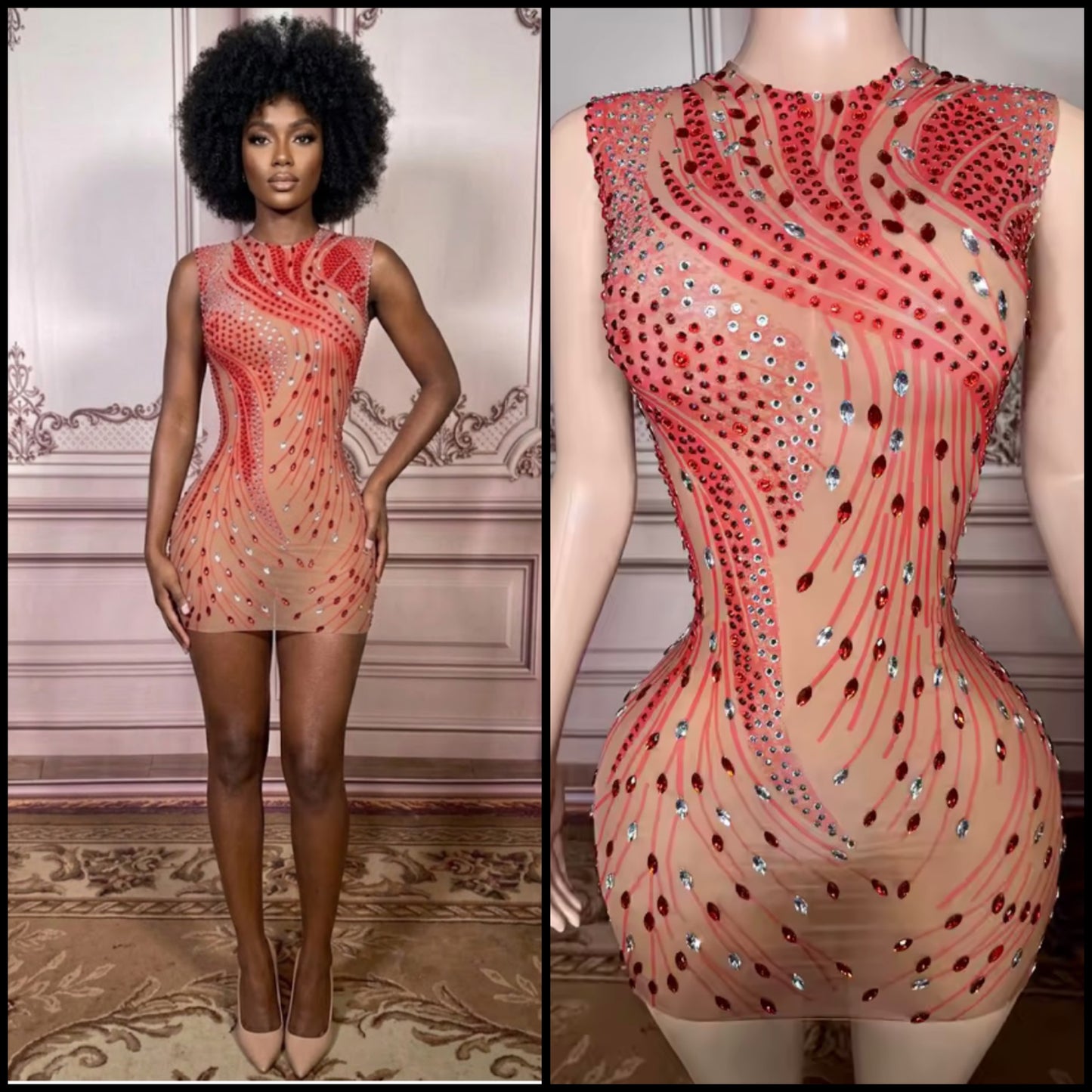 Red Sexy Sleeveless See Through Rhinestone Embellishment Dress