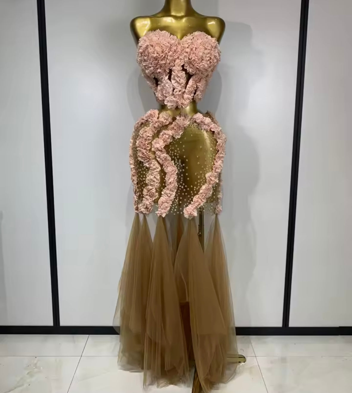 Sexy Strapless Floral Rhinestone Ruffle Floor-Length Dress