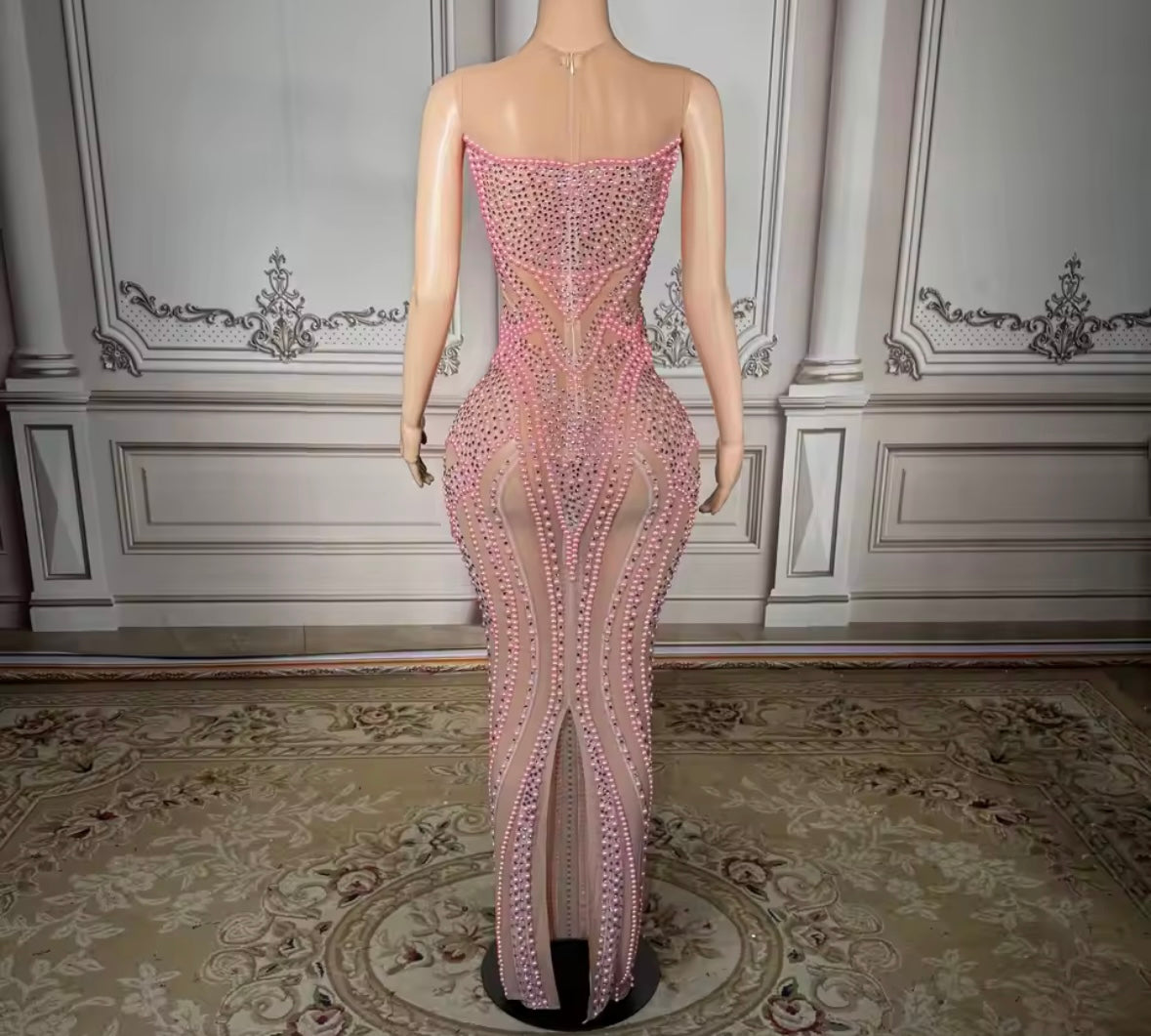 Sexy Sleeveless Pink Beaded Rhinestone Maxi Dress