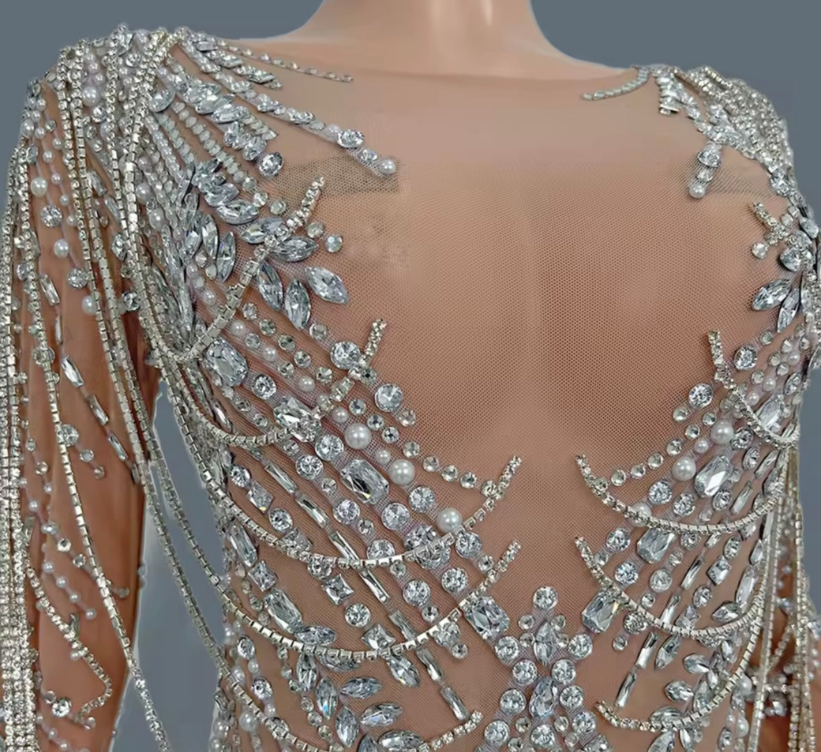 Sexy Rhinestone Chain Full Sleeve See Through Jumpsuit
