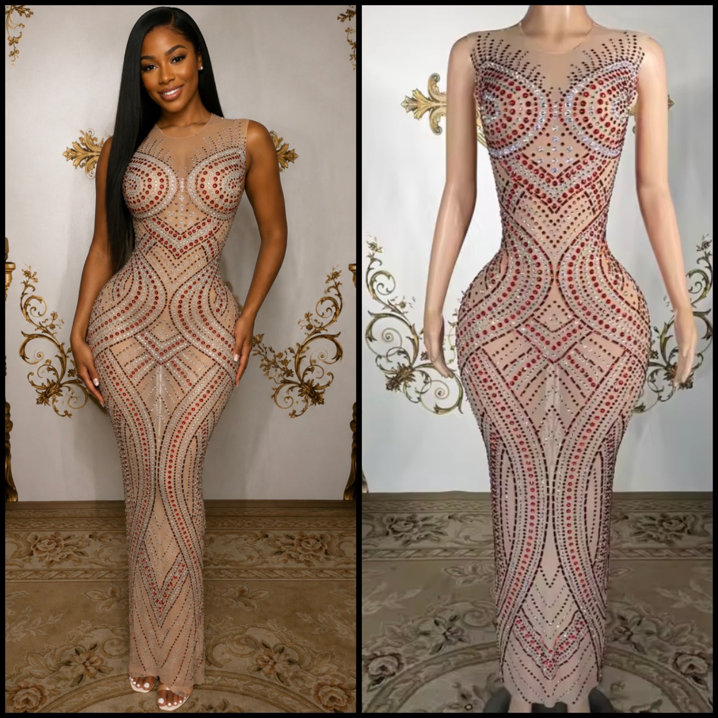 Sexy Sleeveless See Through Rhinestone Maxi Dress