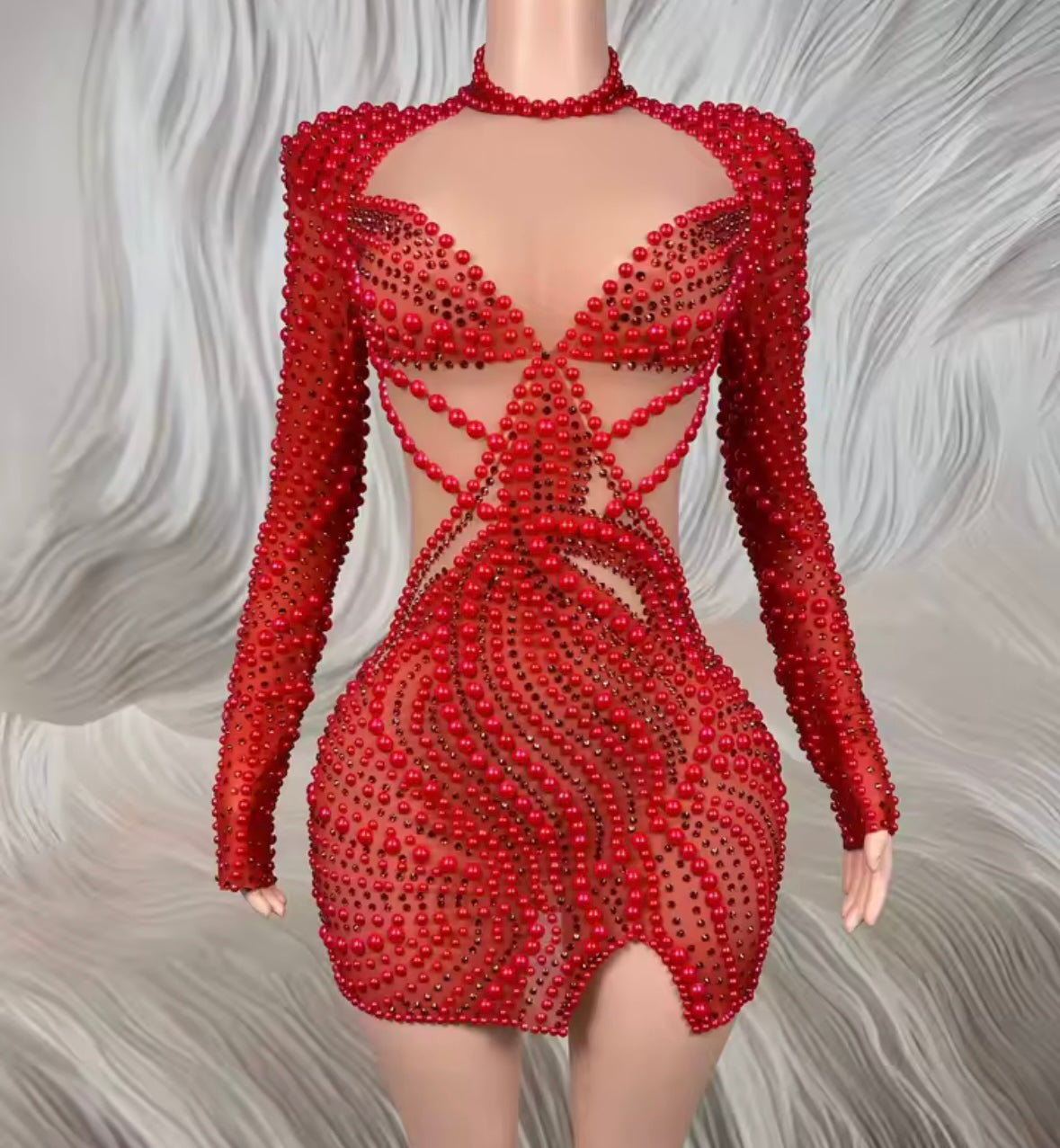 Red Sexy Beaded Rhinestone Full Sleeve Dress