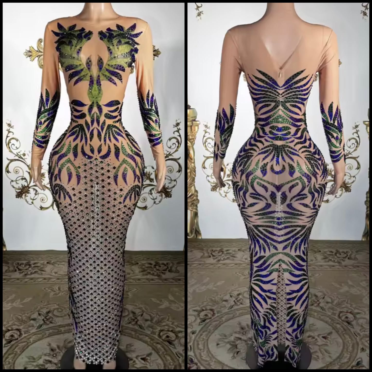 Sexy Colorful Rhinestone Full Sleeve See Through Maxi Dress