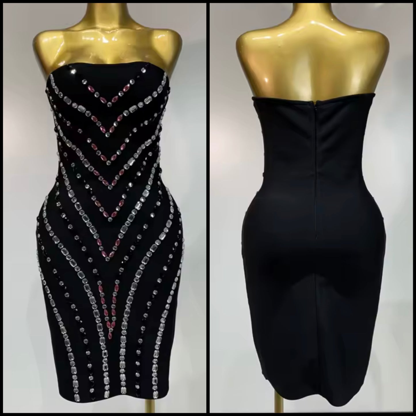 Sexy Black Strapless Rhinestone Embellishment Bandage Dress