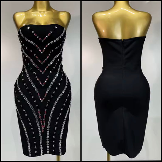 Sexy Black Strapless Rhinestone Embellishment Bandage Dress