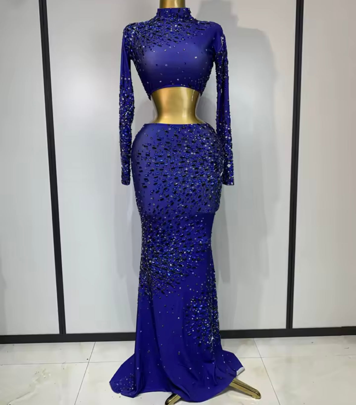 Blue Elegant Rhinestone Full Sleeve Crop Maxi Skirt Set