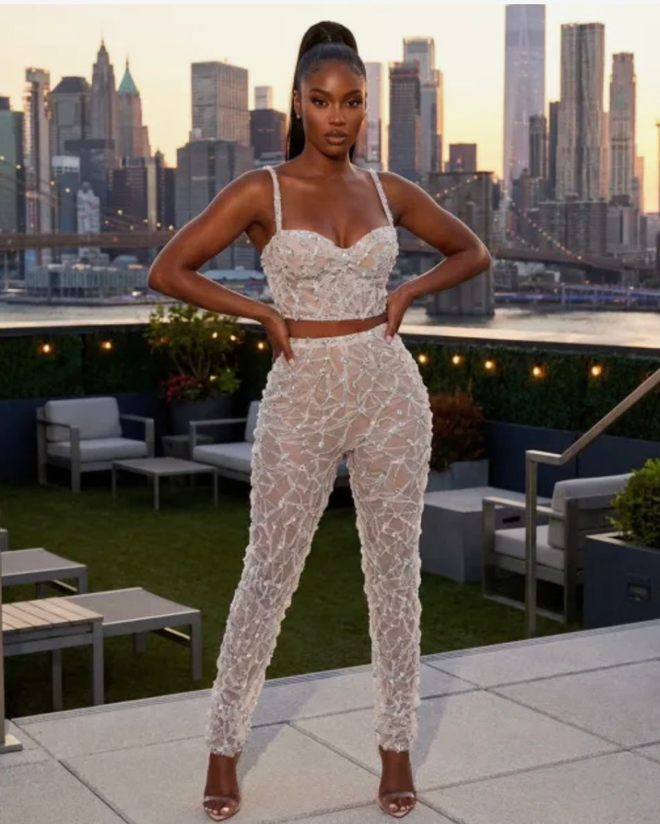 Sleeveless Rhinestone Crop Tank Two Piece Sexy Pant Set