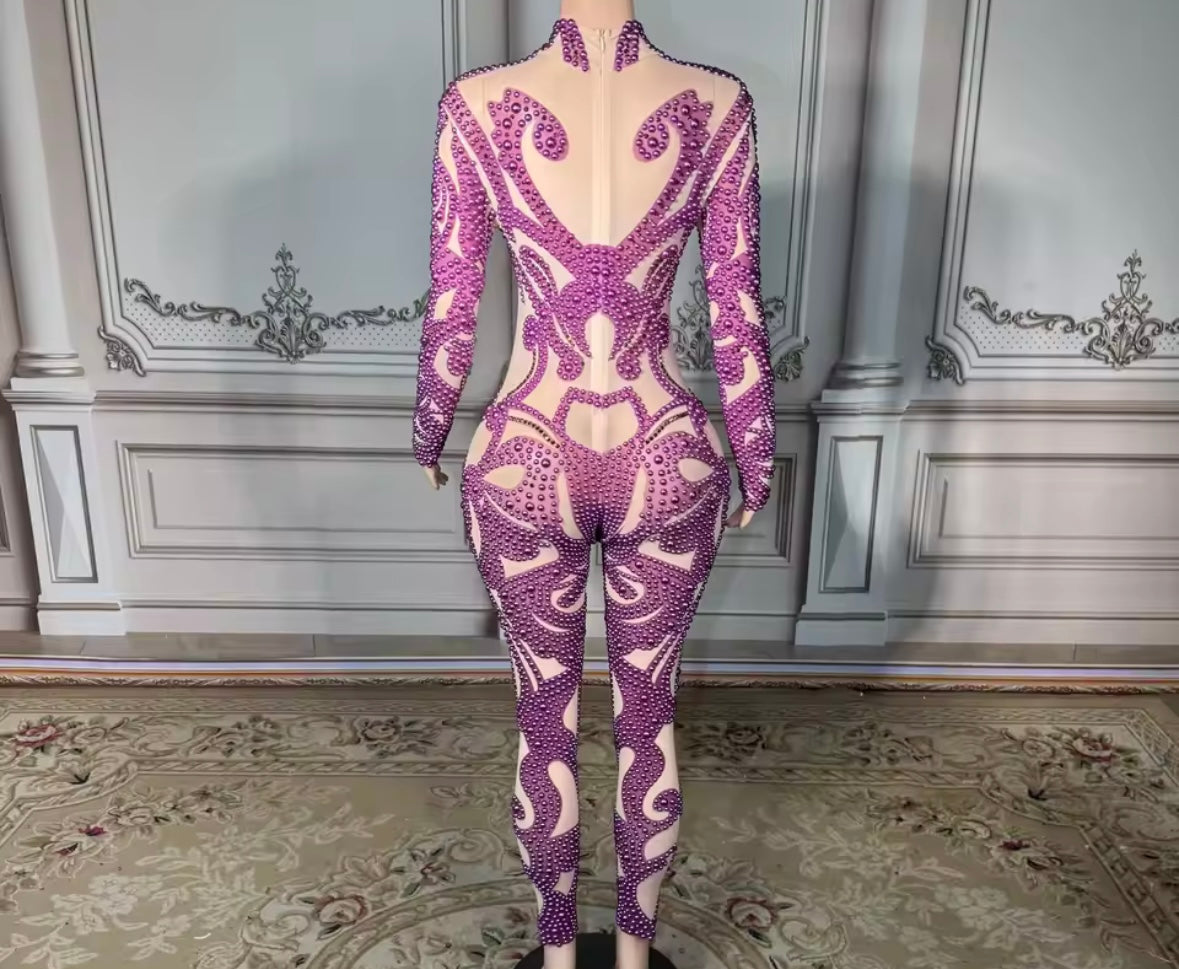 Sexy Beaded Rhinestone Full Sleeve Jumpsuit
