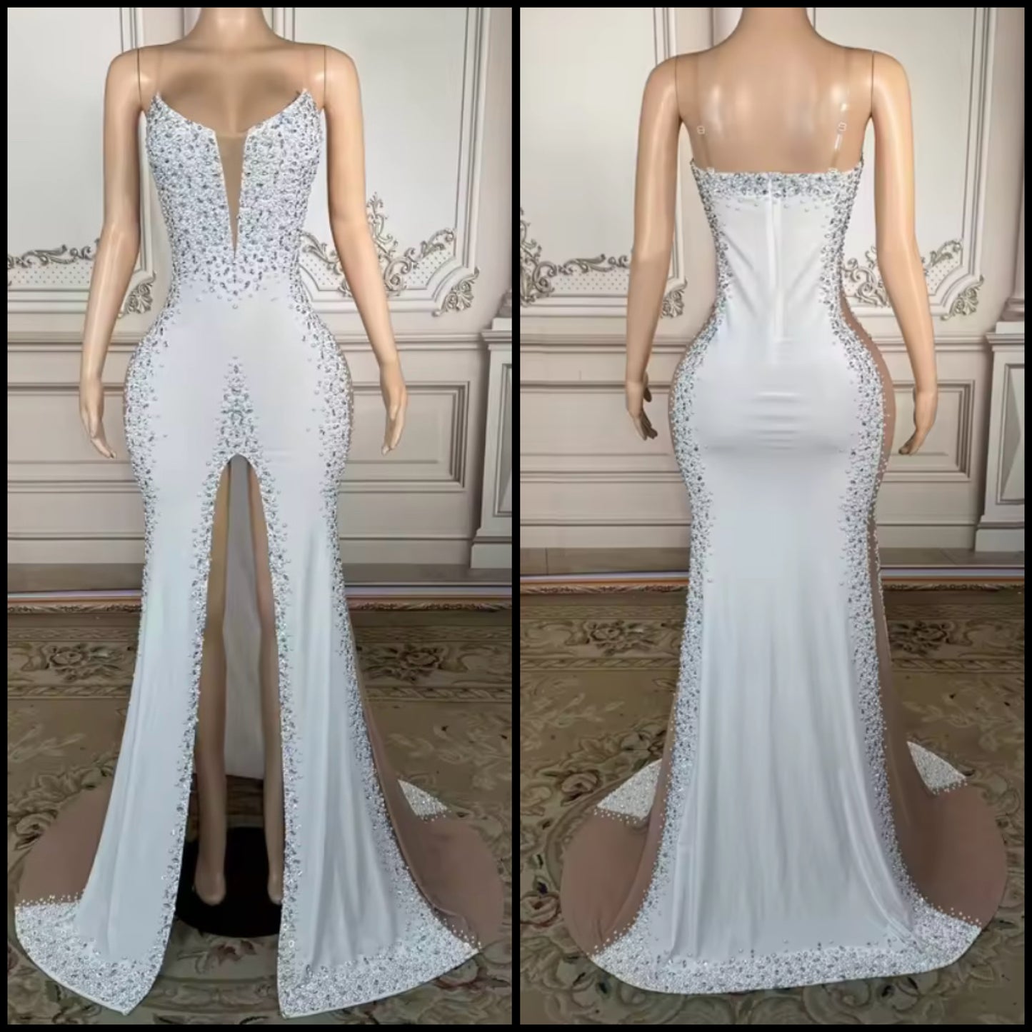 Elegant Sleeveless White Rhinestone Floor-Length Dress