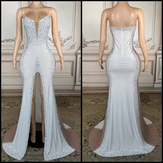 Elegant Sleeveless White Rhinestone Floor-Length Dress