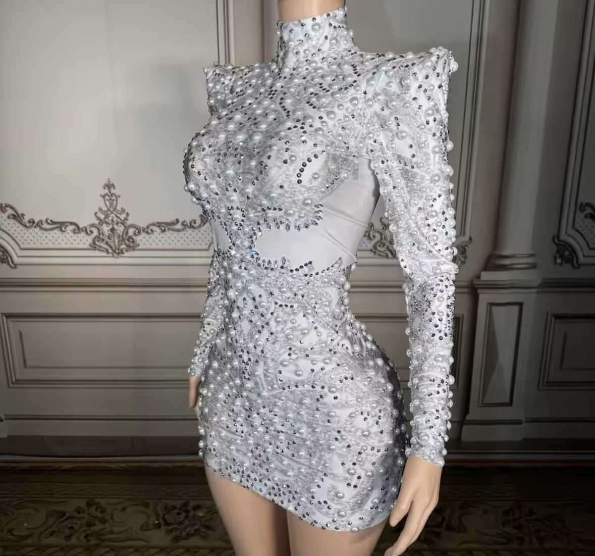 Women White Sexy Beaded Rhinestone Full Sleeve Dress