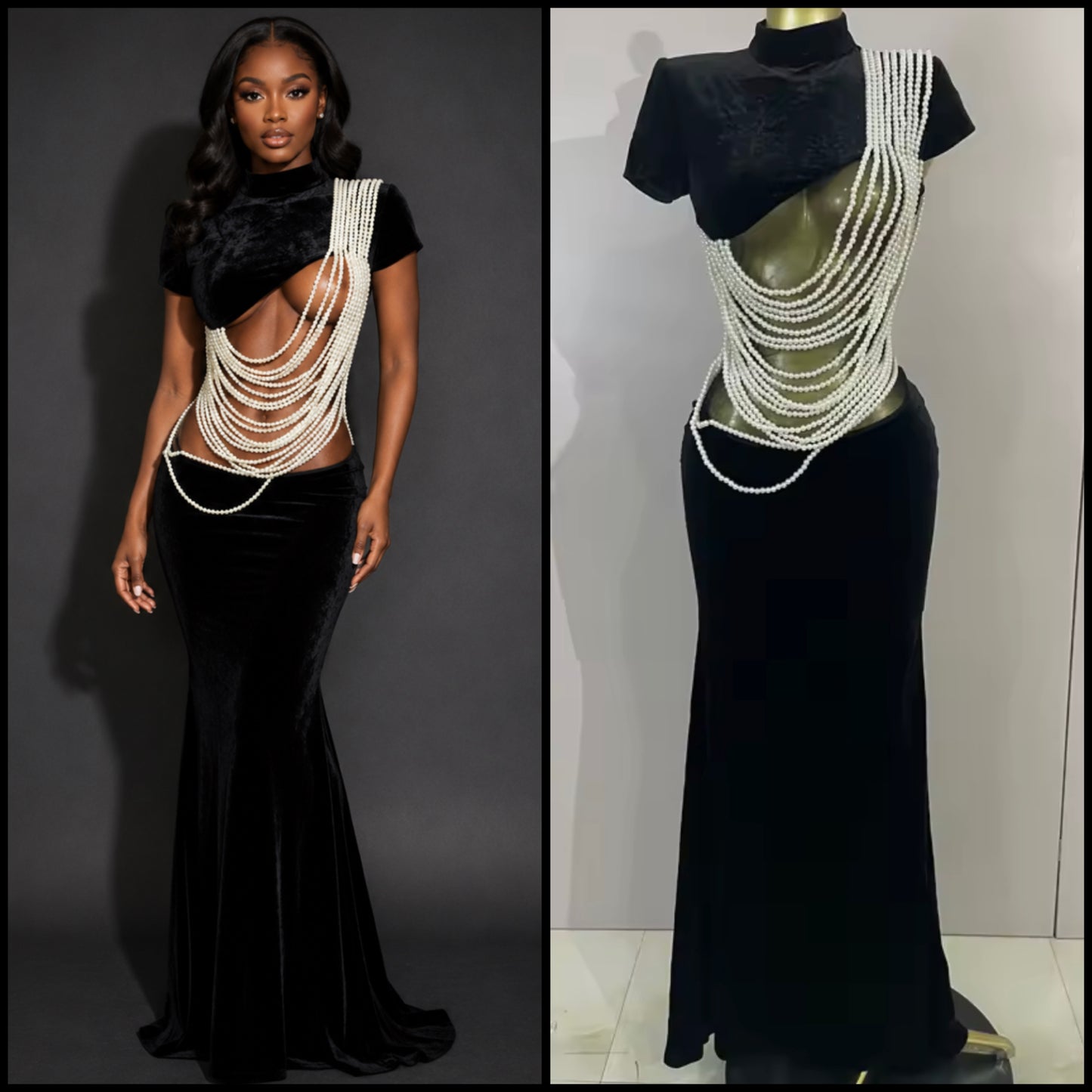 Elegant Black Pearl Short Sleeve Floor-Length Dress