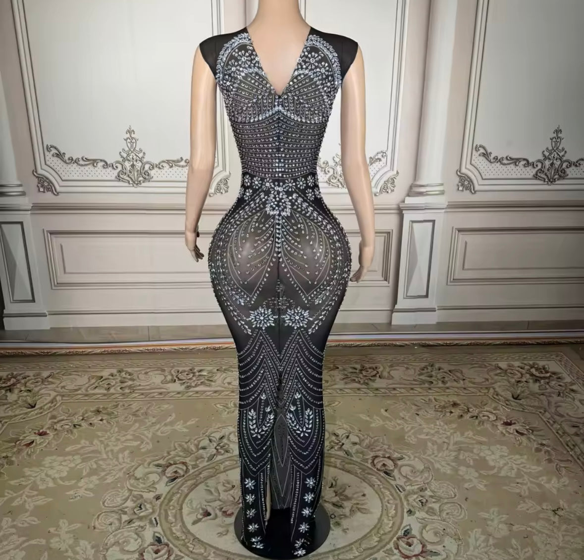 Sexy Sleeveless Black Rhinestone Embellishment Maxi Dress