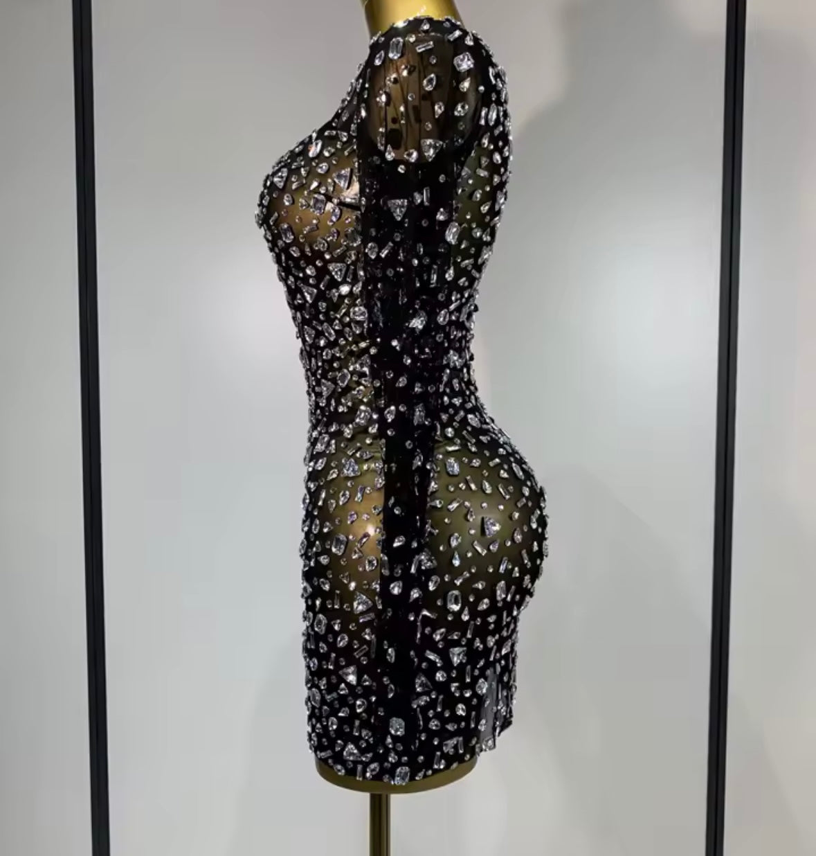 Sexy See Through Crystal Full Sleeve Short Dress