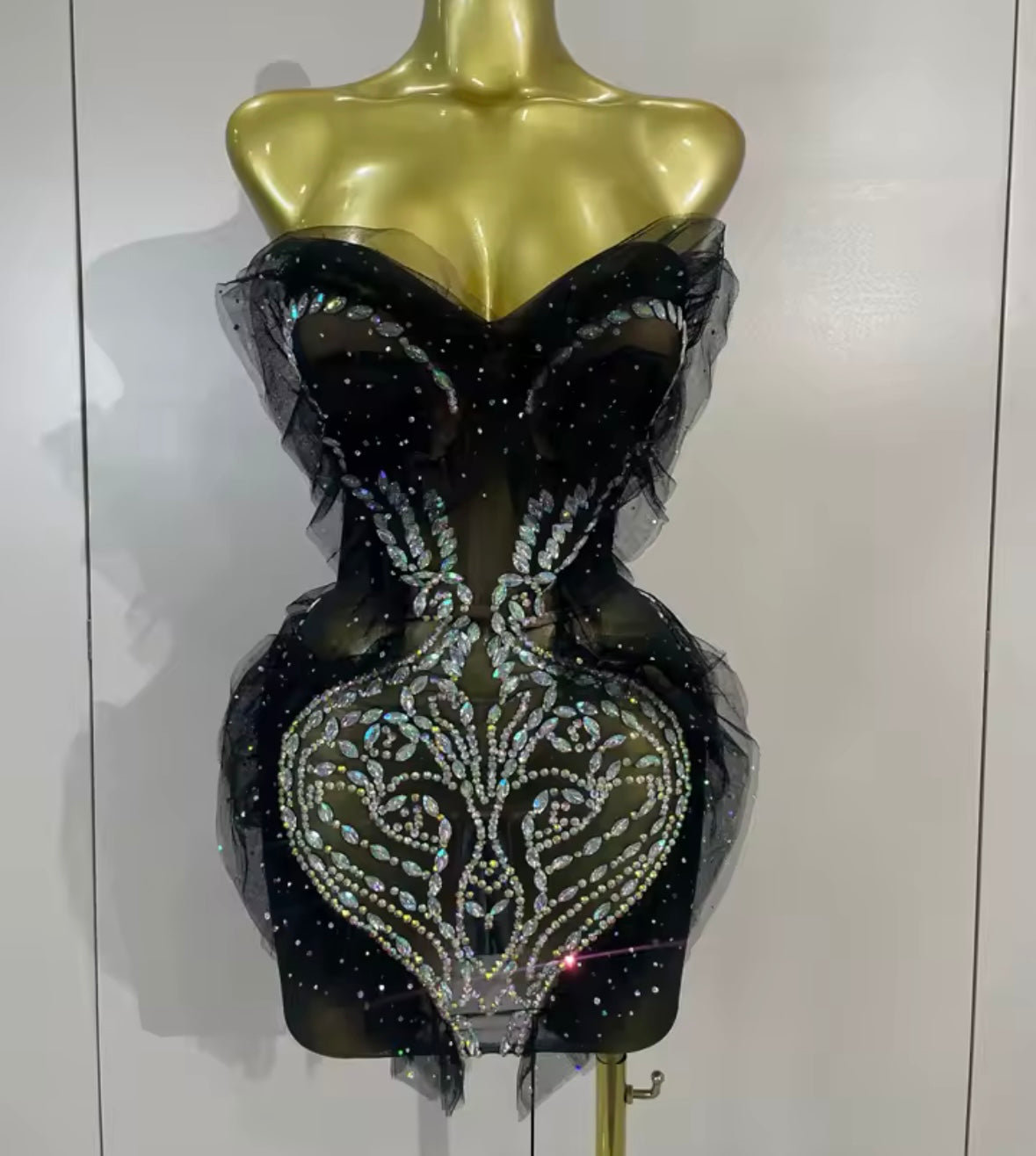 Sexy Black Strapless Sparkly Rhinestone Ruffle Dress