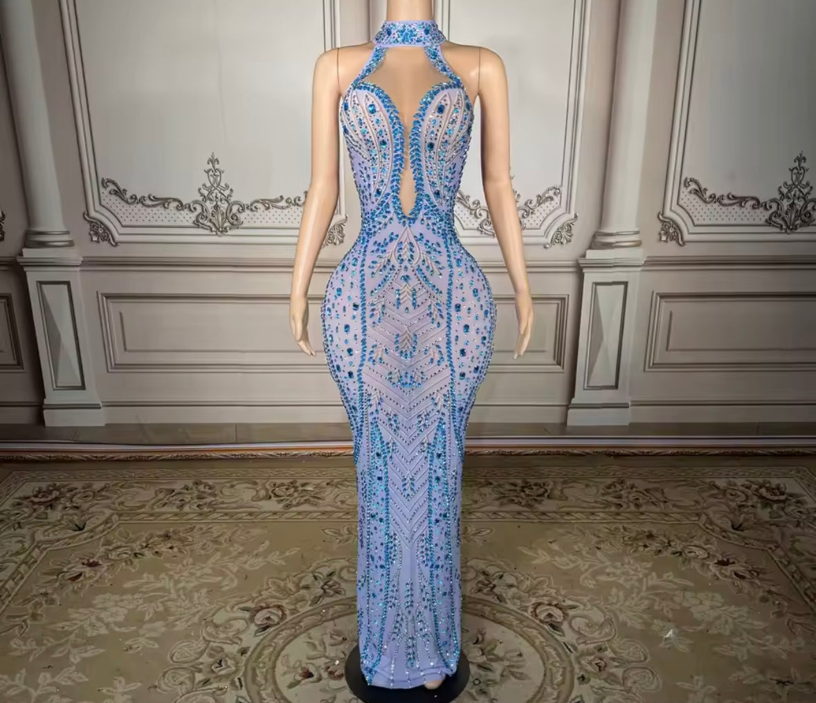 Sexy Blue Sleeveless Rhinestone Embellishment Maxi Dress