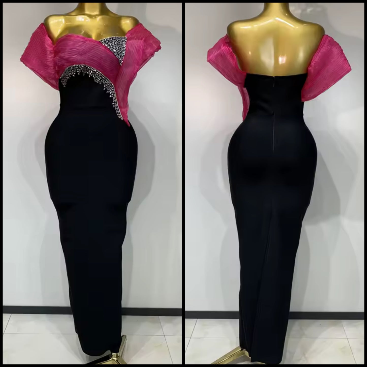 Elegant Off The Shoulder Rhinestone Black Maxi Dress