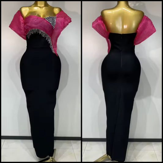 Elegant Off The Shoulder Rhinestone Black Maxi Dress