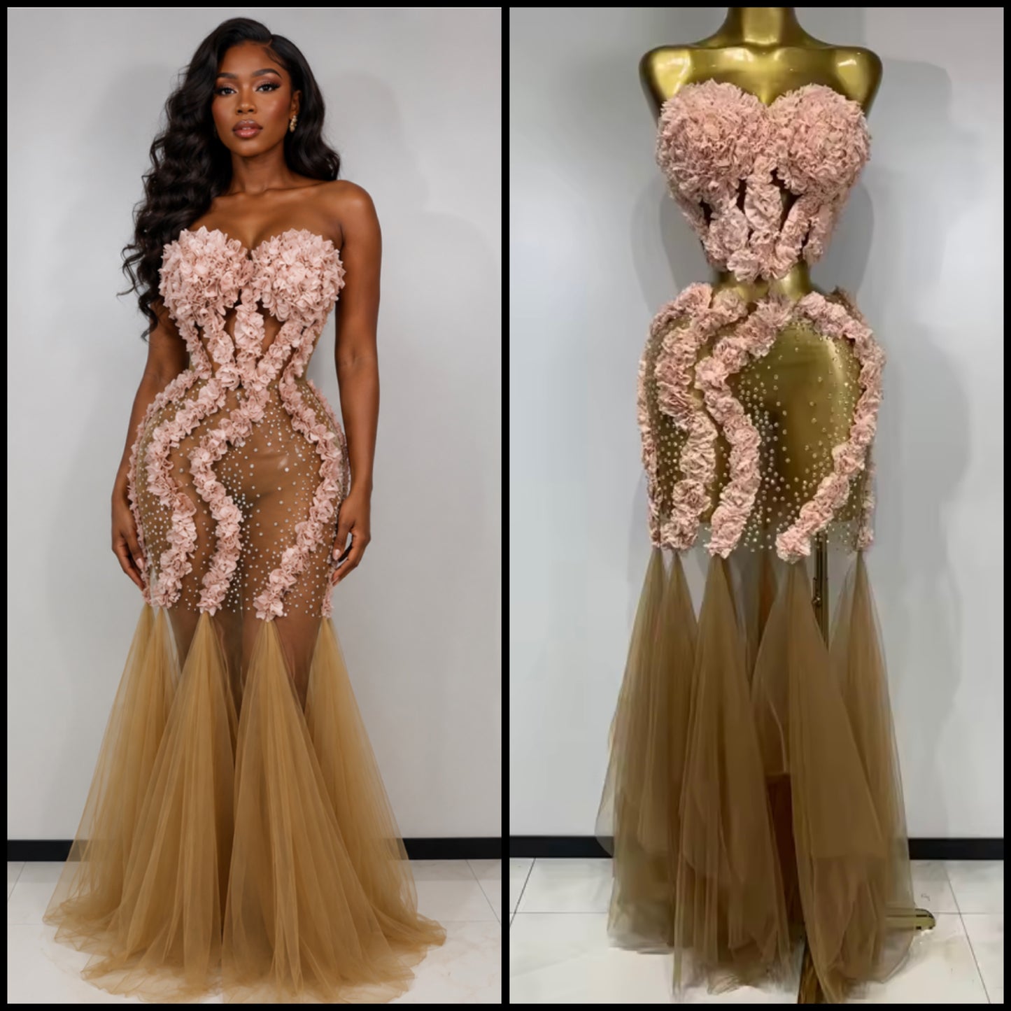Sexy Strapless Floral Rhinestone Ruffle Floor-Length Dress