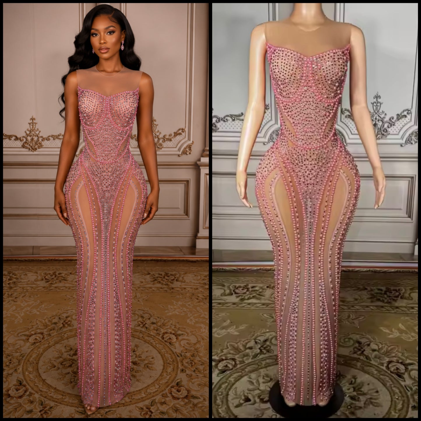Sexy Sleeveless Pink Beaded Rhinestone Maxi Dress