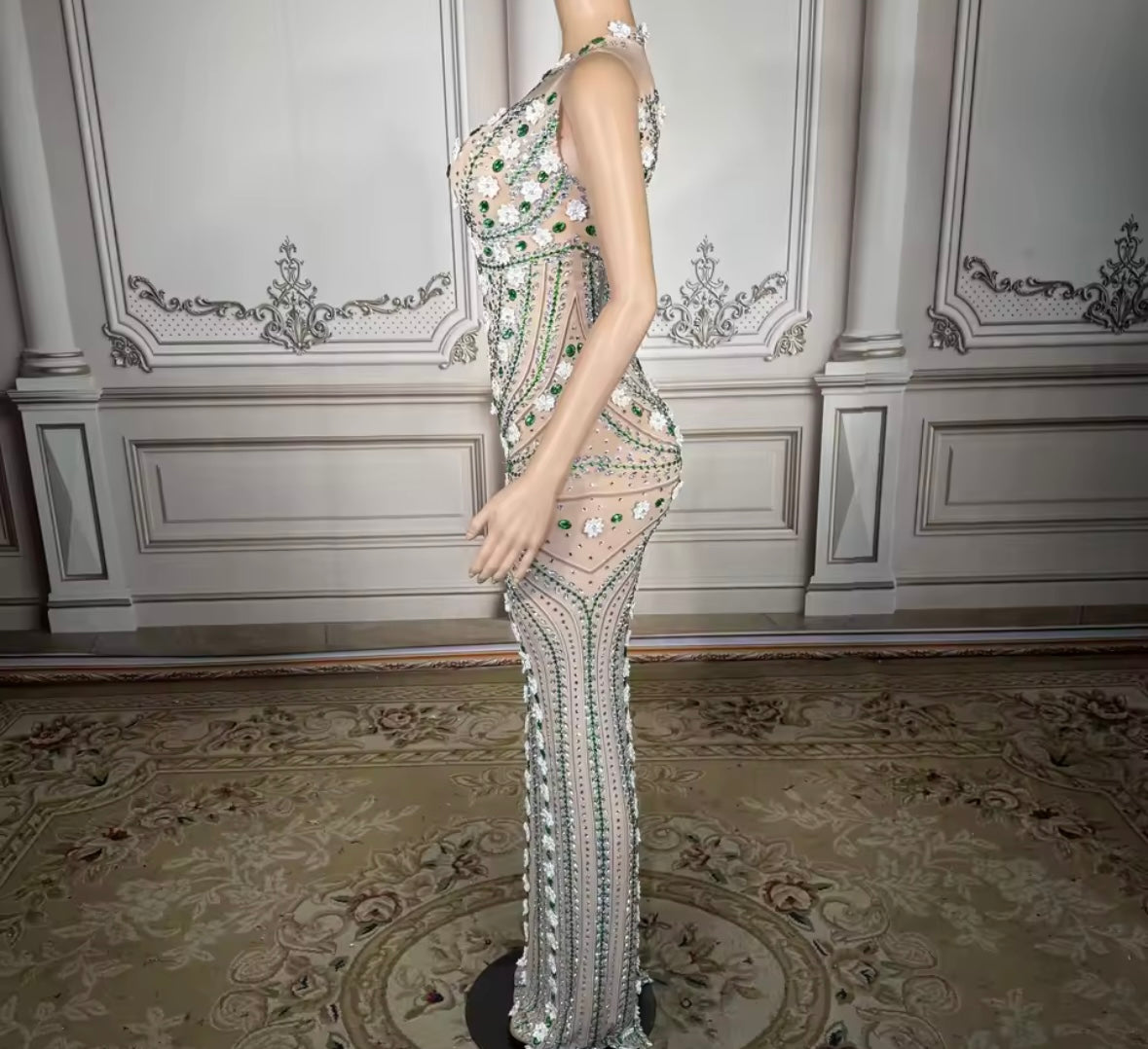 Sexy Sleeveless Floral Rhinestone Embellishment Maxi Dress