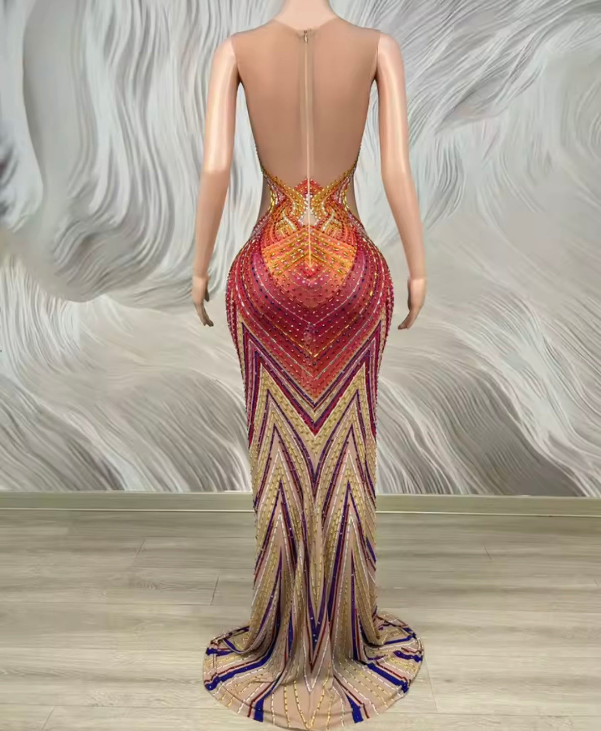 Elegant Multicolor Rhinestone Sleeveless Floor-Length Dress