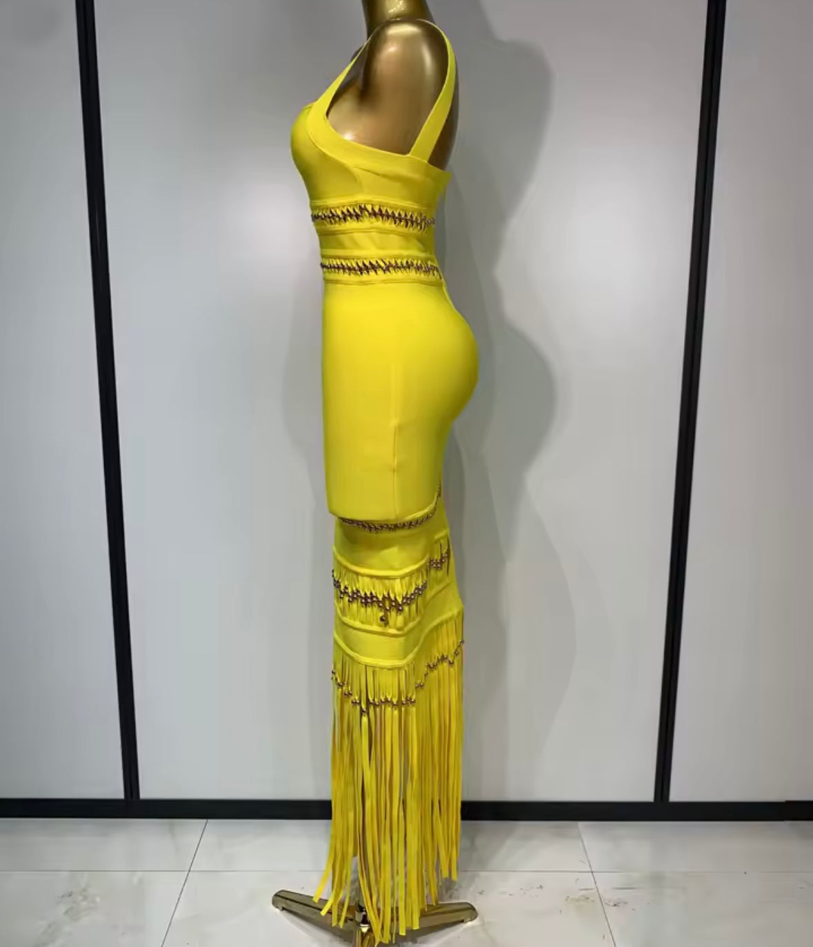 Yellow Sleeveless Beaded Fringe Sexy Maxi Dress