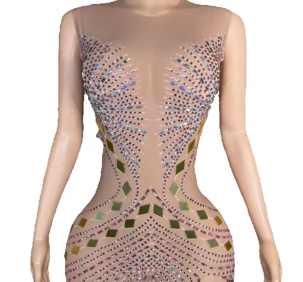 Sexy Sleeveless Rhinestone Mirror Side Split Maxi Dress