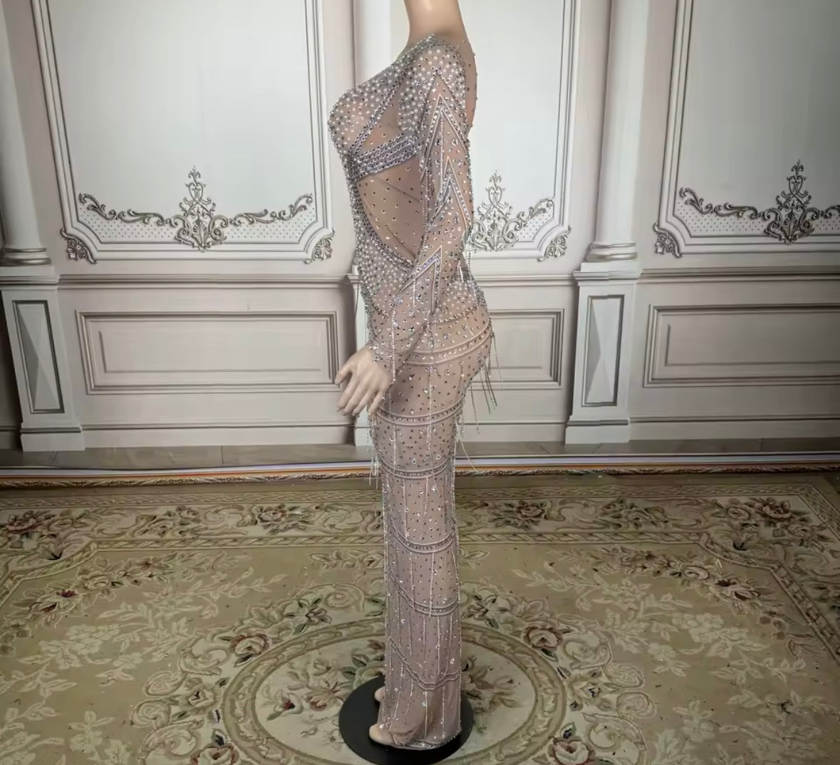 Sexy Pearl Rhinestone Full Sleeve See Through Maxi Dress