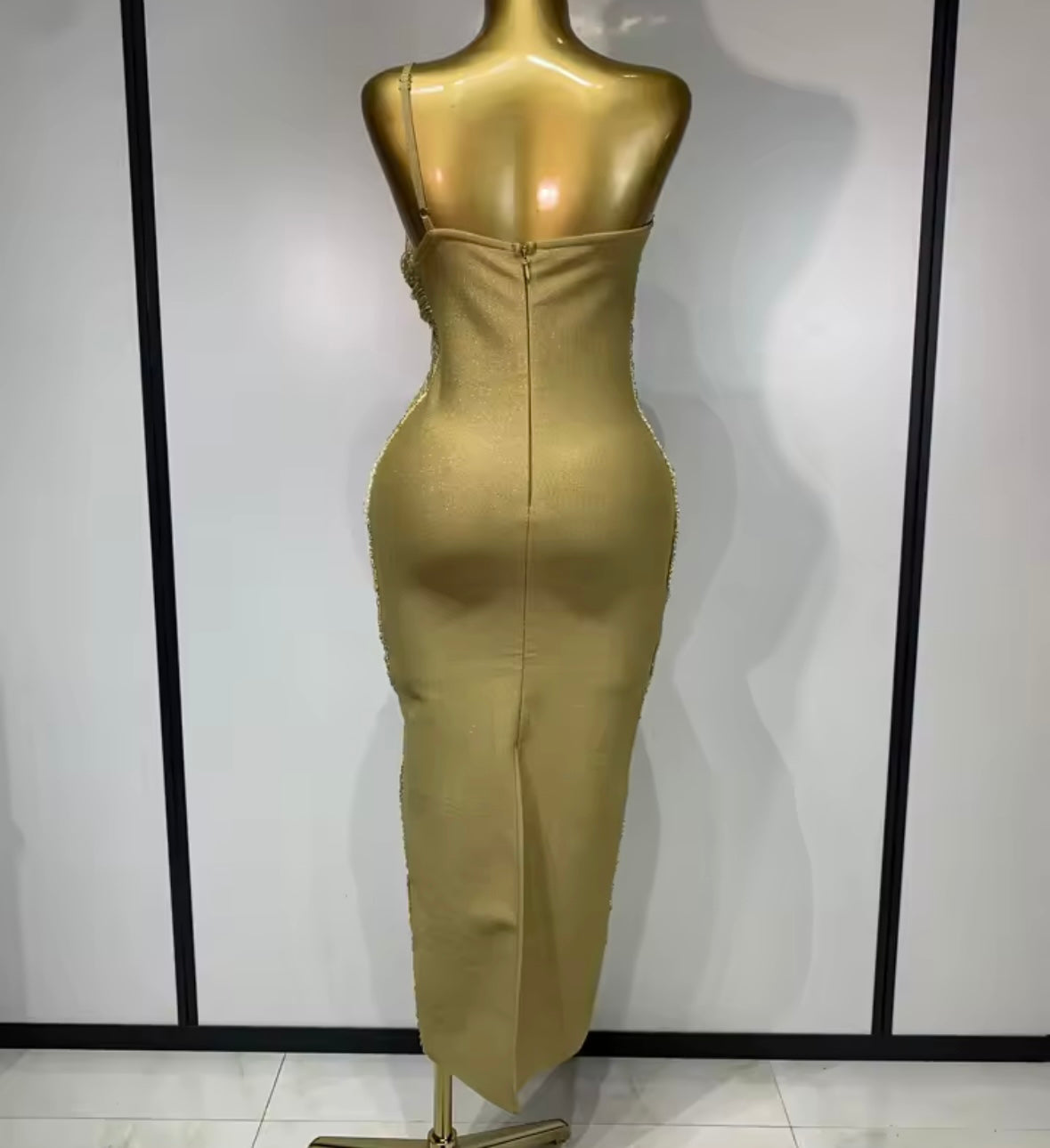Sexy One Shoulder Gold Fringe Maxi Dress