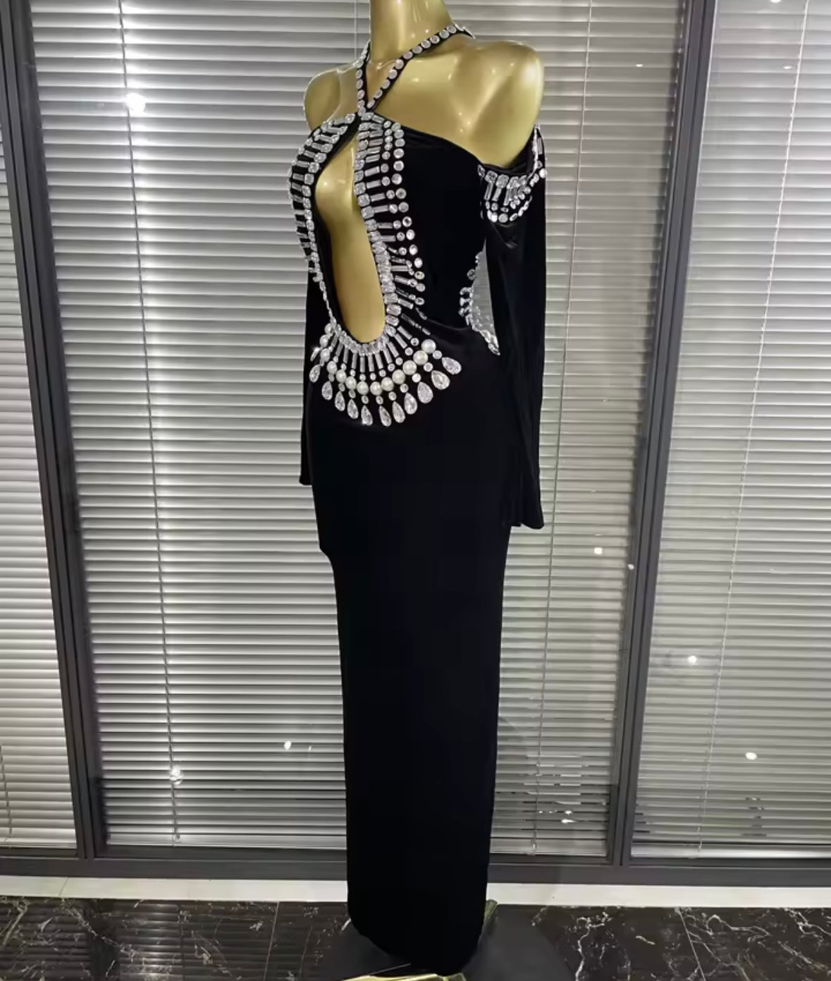 Black Rhinestone Embellishment Open Back Full Sleeve Maxi Dress