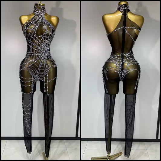 Sexy Black Sleeveless Rhinestone Embellishment Jumpsuit