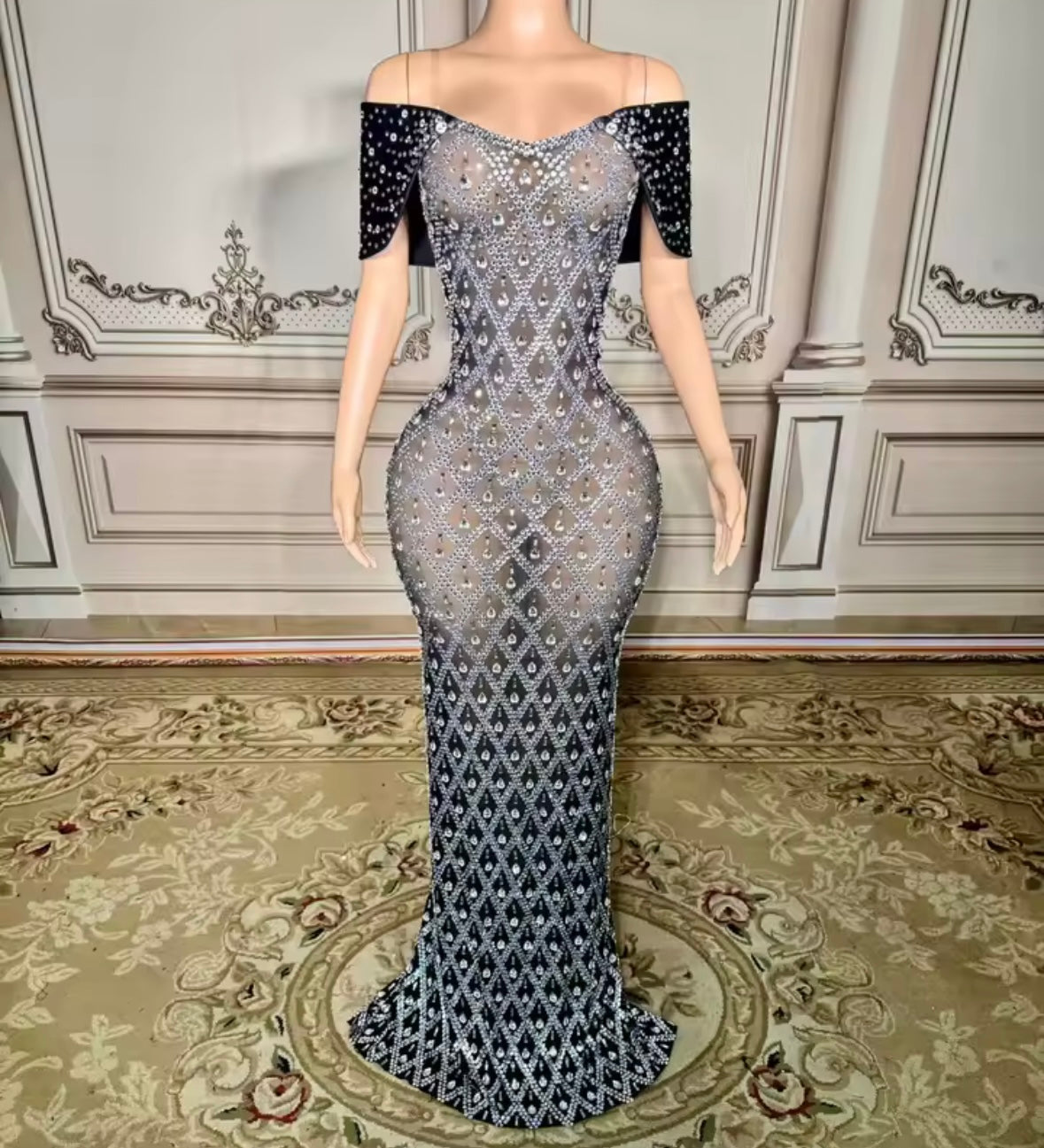 Sexy Rhinestone Off The Shoulder Floor-Length Dress