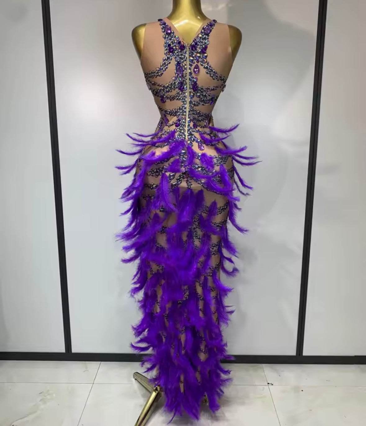 Sexy Sleeveless Rhinestone Feather Purple Floor-Length Dress