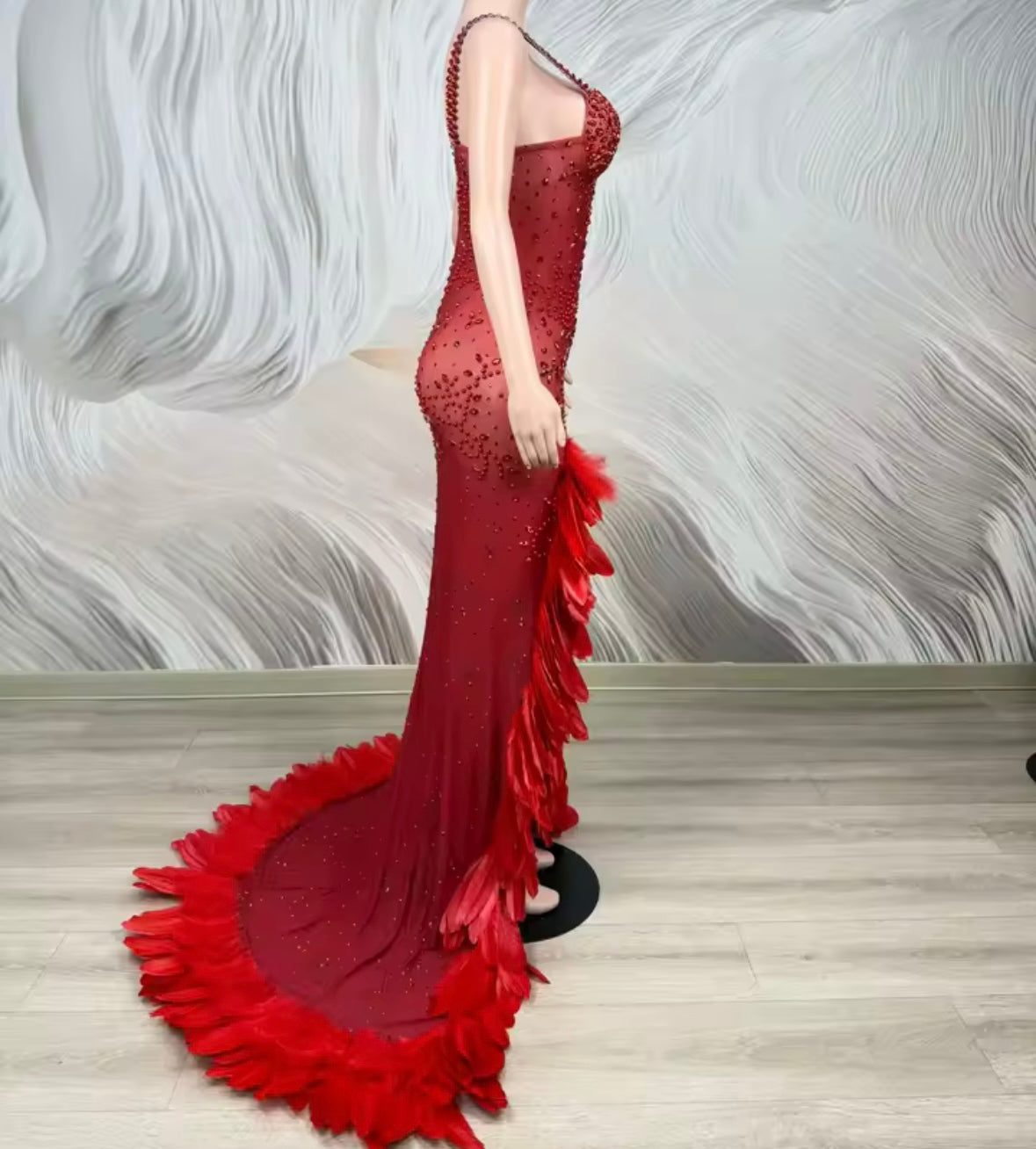 Red Sexy Sleeveless Rhinestone Feather Front Split Maxi Dress