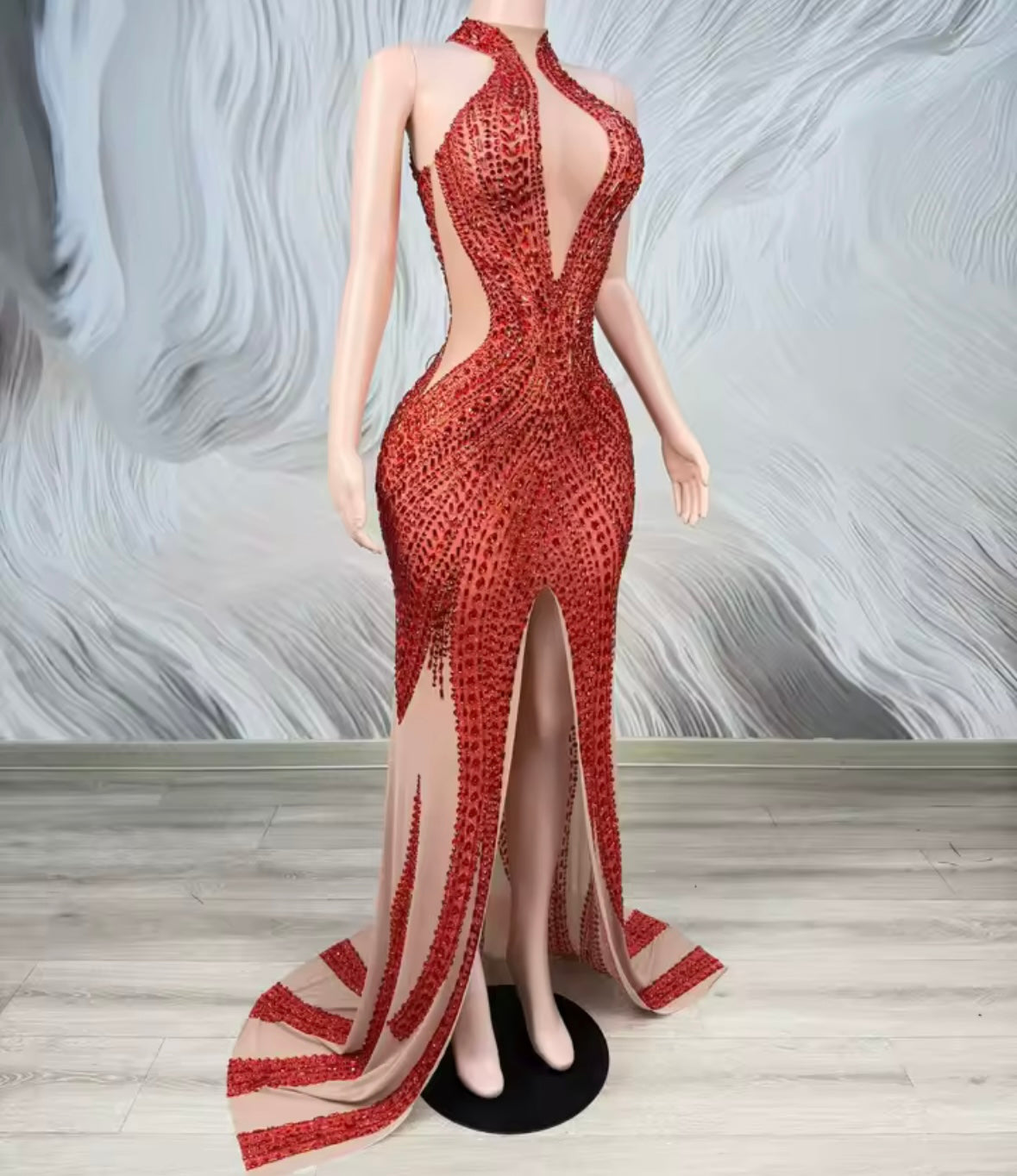 Sexy Red Halter Sleeveless Rhinestone Front Split Floor-Length Dress