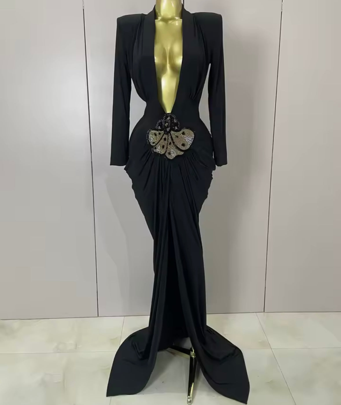 Sexy Black Deep V-Neck Full Sleeve Beaded Maxi Dress