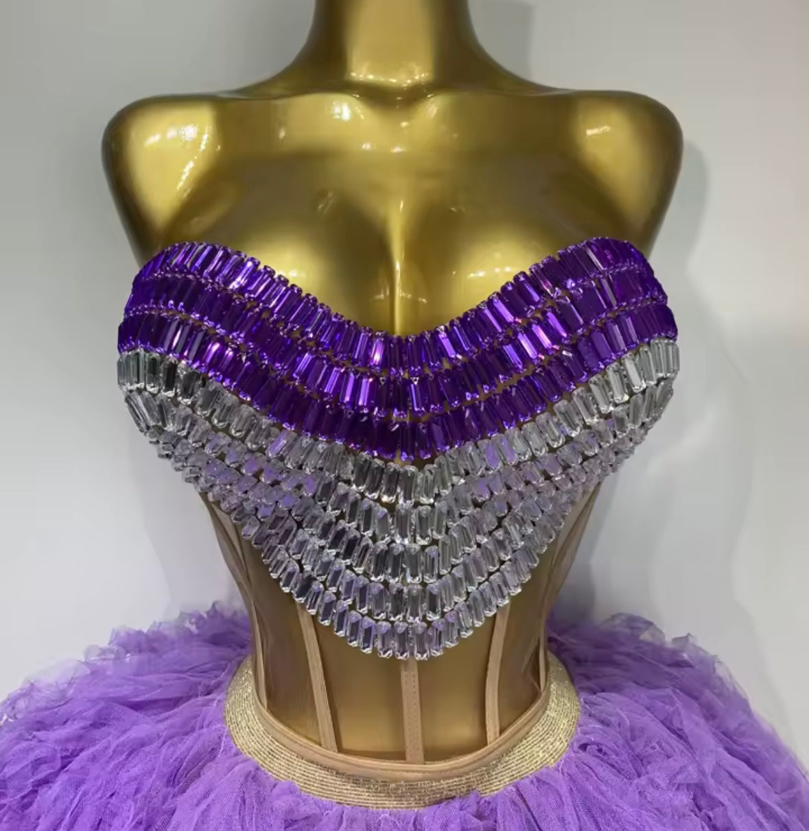 Sexy Purple Rhinestone Mesh Sleeveless Two Piece Ruffled Skirt Set