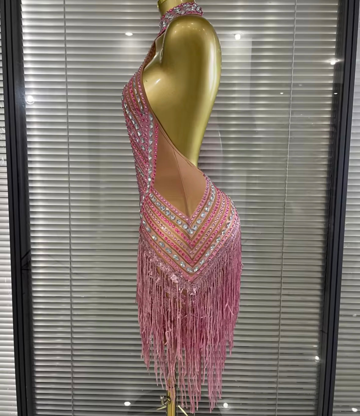 Pink Halter Sleeveless Rhinestone Fringe Tassel Sexy Dress