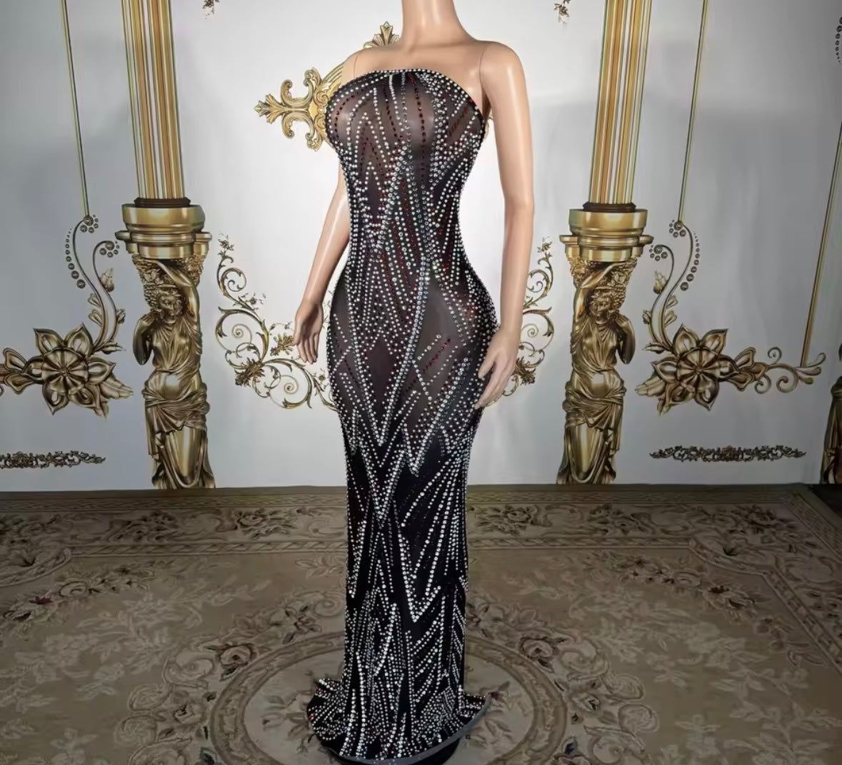 Black Sexy Strapless Rhinestone See Through Maxi Dress