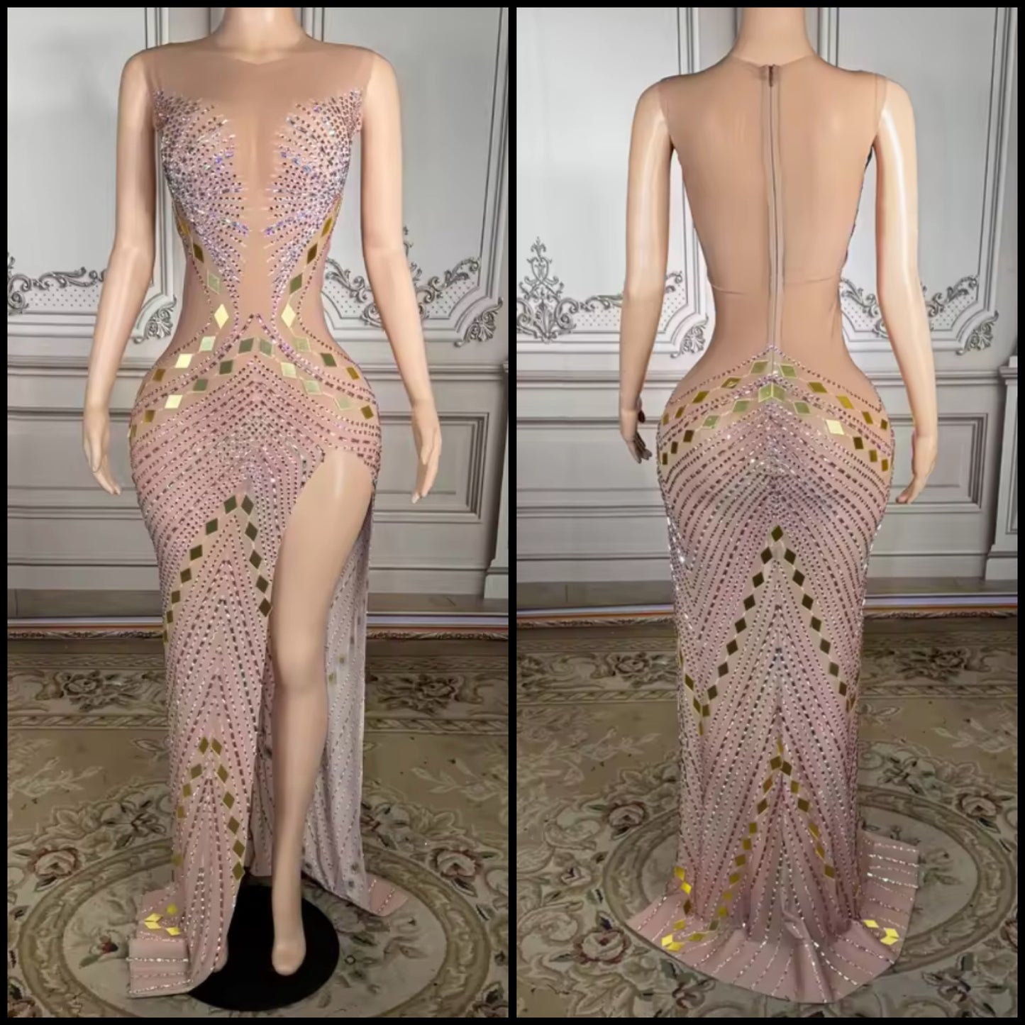 Sexy Sleeveless Rhinestone Mirror Side Split Maxi Dress