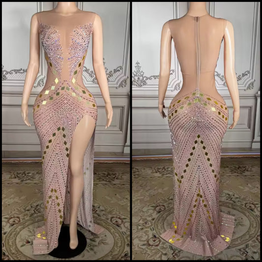 Sexy Sleeveless Rhinestone Mirror Side Split Maxi Dress