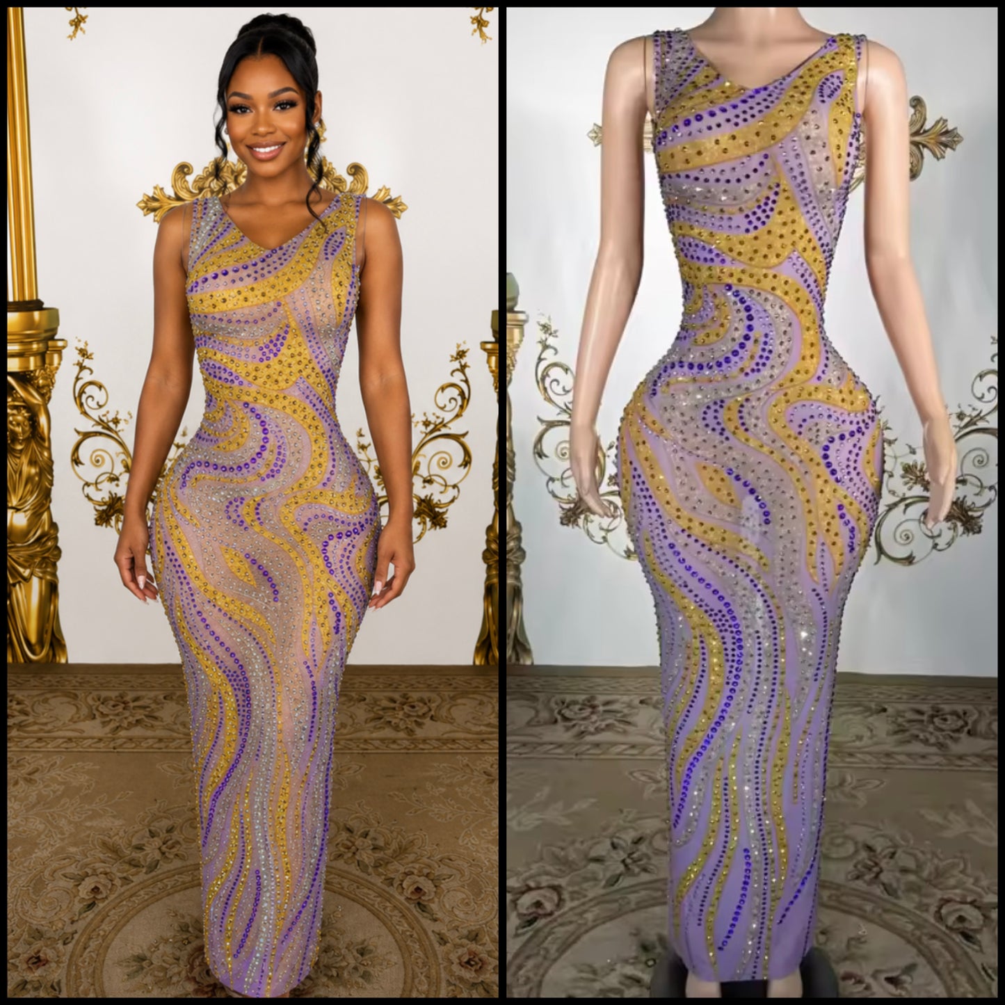 Sexy Sleeveless Colorful Rhinestone Maxi Dress