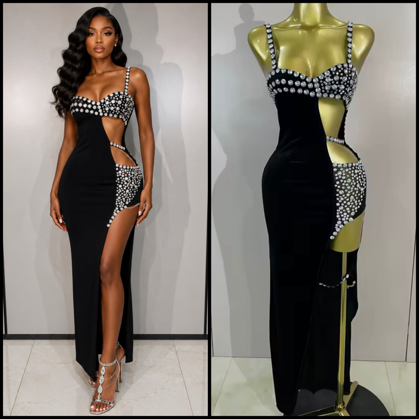 Sexy Sleeveless Rhinestone Black Hollow Out Side Split Maxi Dress