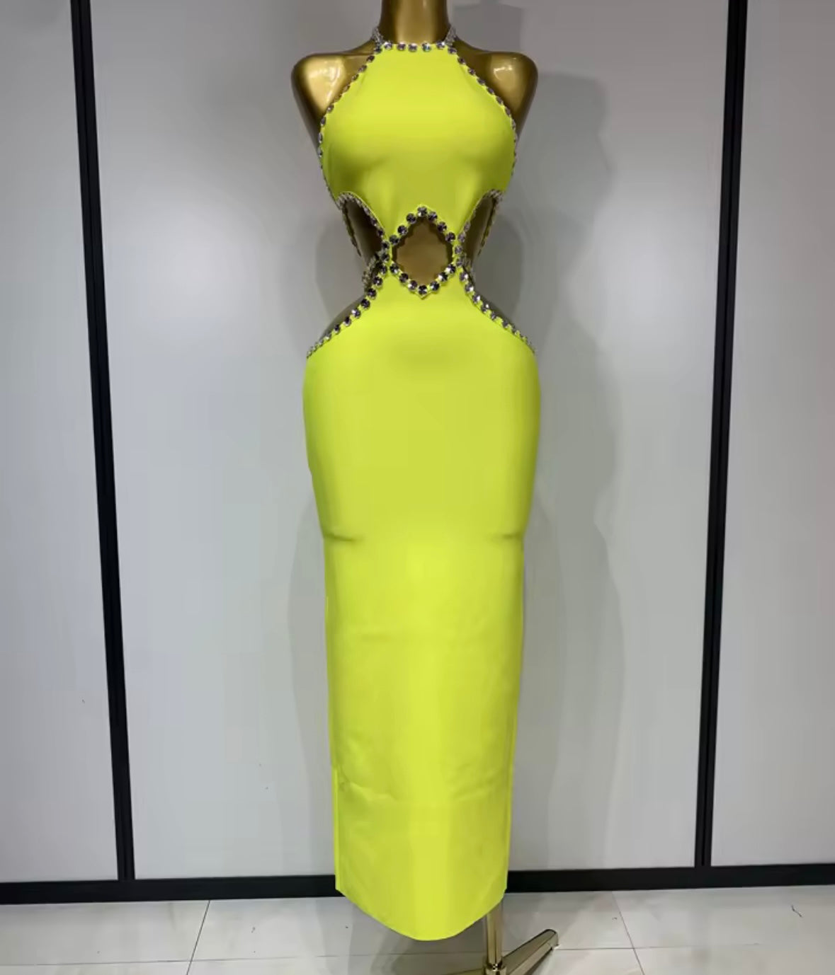 Yellow Beaded Sleeveless Hollow Out Elegant Maxi Dress