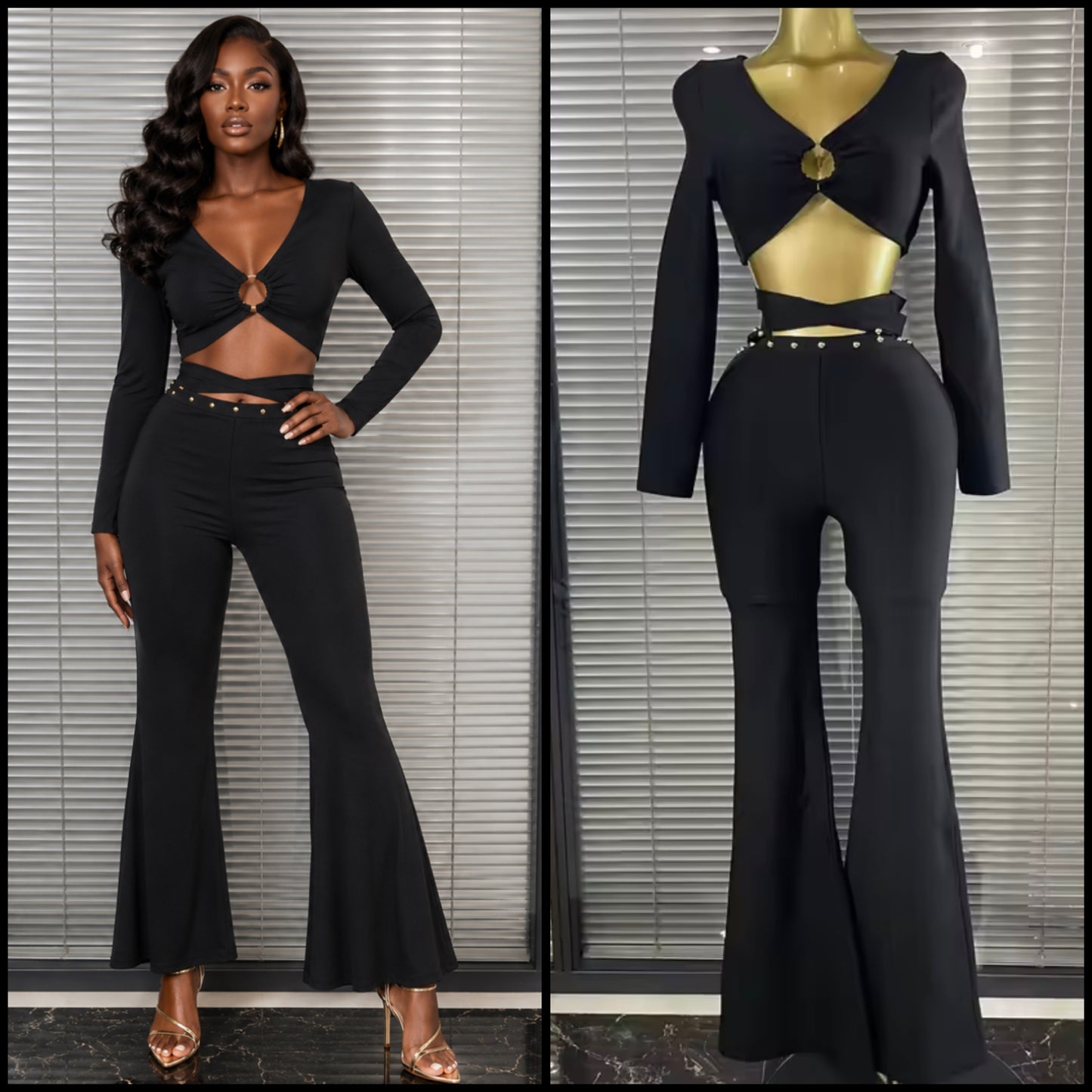 Sexy Black Rivet Full Sleeve Crop Pant Set