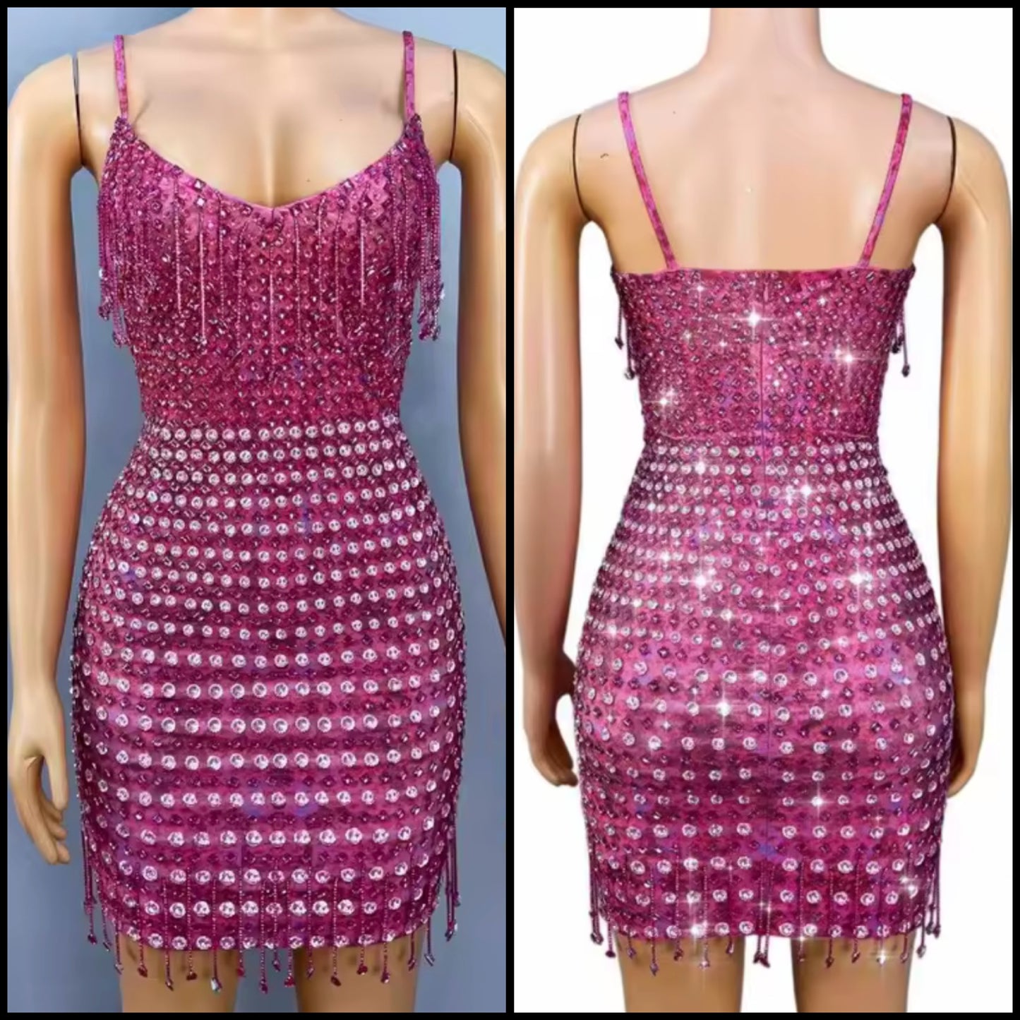 Pink Sexy Sleeveless Rhinestone Tassel Dress